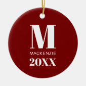 Eenvoudig Monogram Naam Jaar Rood en Wit Keramisch Ornament (Voorkant)