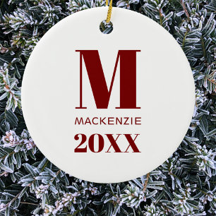 Eenvoudig Monogram Naam Jaar Rood en Wit Keramisch Ornament
