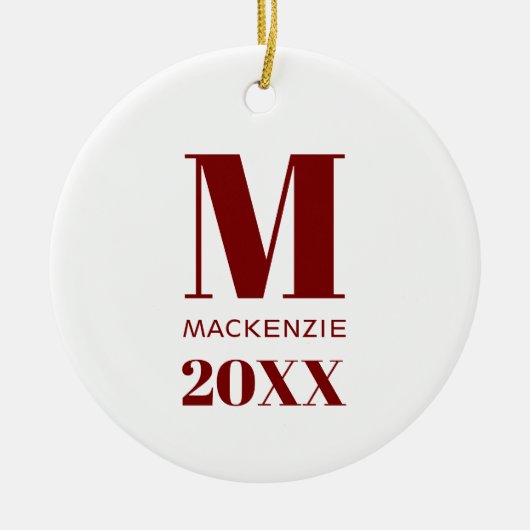 Eenvoudig Monogram Naam Jaar Rood en Wit Keramisch Ornament (Voorkant)