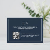 Eenvoudig Monogram Navy Blue QRCode bruiloft RSVP  Bedankkaart (Staand voorkant)