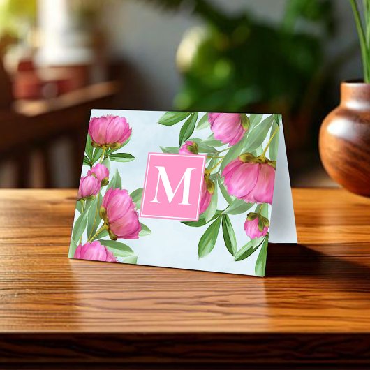 Eenvoudig Monogram Roze Bloemen Custom Notitiekaartje