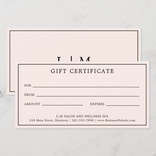 Eenvoudig Monogram roze Blush Cadeaubon (Voorkant / Achterkant)