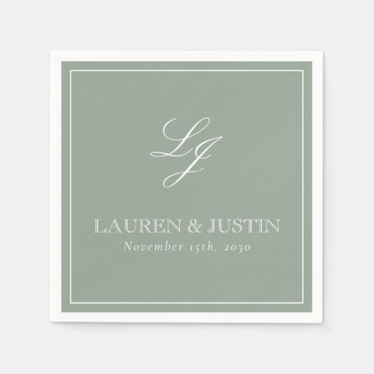 Eenvoudig Monogram Sage Green Elegant Script Weddi Servet (Voorkant)