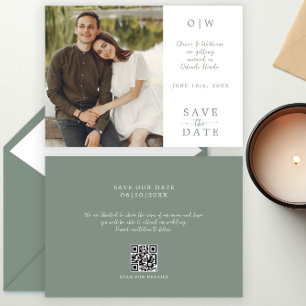 Eenvoudig monogram Sage Green QR Code Weduwschap Save The Date