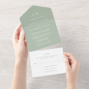 Eenvoudig Monogram Sage Groen Formele Elegante Huw All In One Uitnodiging