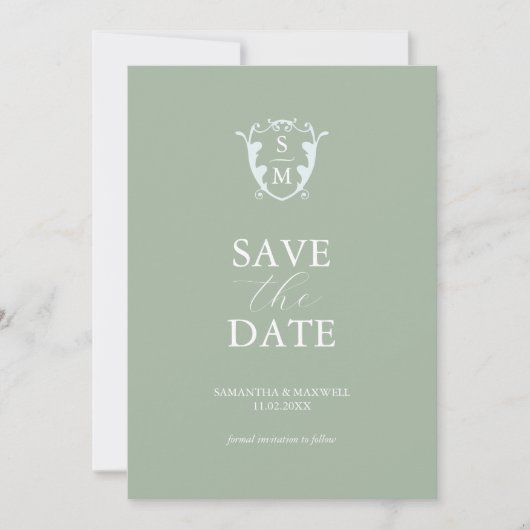 Eenvoudig Monogram Saliegroen Datum Opslaan Save The Date (Voorkant)