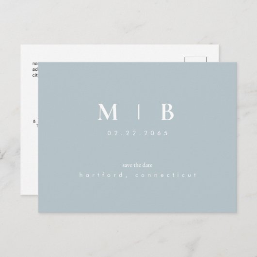 Eenvoudig Monogram Winterblauw Sparen de Datum QR  Aankondigingskaart (Voorkant / Achterkant)