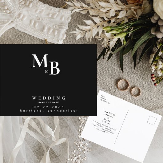 Eenvoudig Monogram zwart huwelijk sparen de Datum Aankondigingskaart