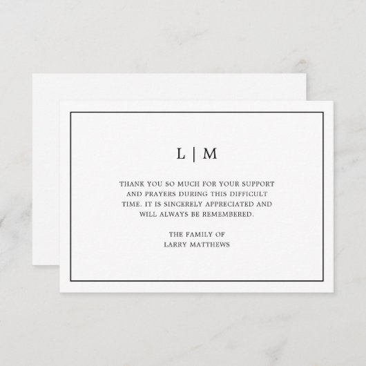 Eenvoudig monogram zwart-wit Funeral Sympathie Bedankkaart (Voorkant / Achterkant)