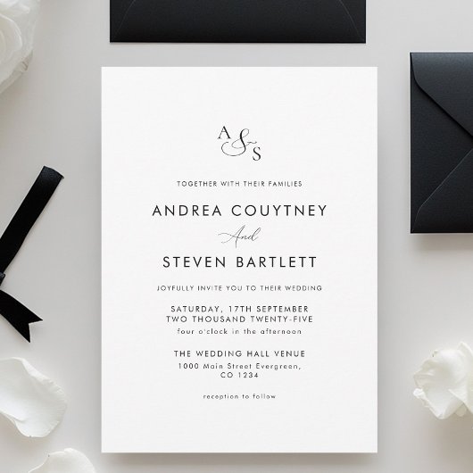 Eenvoudig Monogram zwart-wit huwelijk Kaart