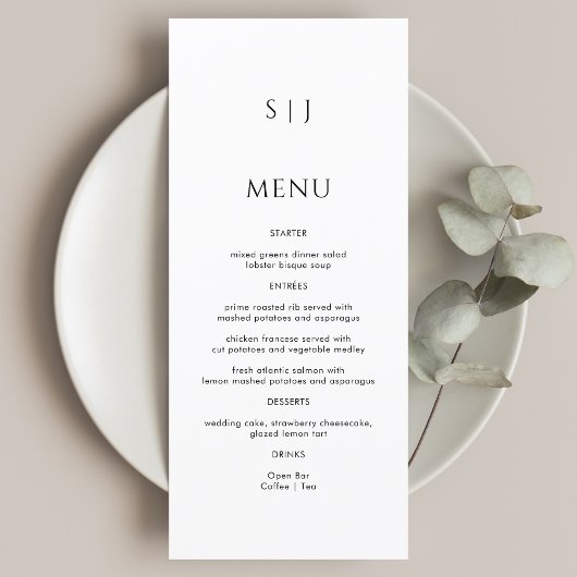 Eenvoudig Monogram zwart-wit huwelijk Menu