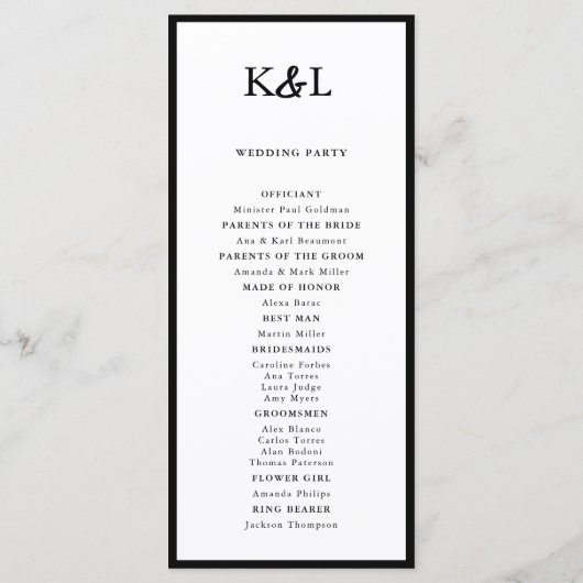 Eenvoudig Monogram Zwart-Wit Trouwprogramma Programmakaart (Achterkant)