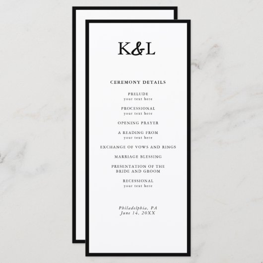 Eenvoudig Monogram Zwart-Wit Trouwprogramma Programmakaart (Voorkant / Achterkant)