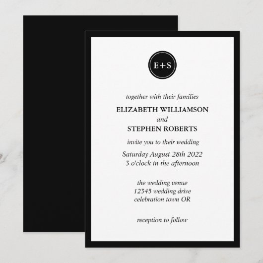 Eenvoudig Monogram | Zwarte en witte bruiloft Kaart (Voorkant / Achterkant)