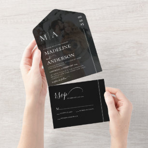 Eenvoudig Monogramed Black met overlay Photo Weddi All In One Uitnodiging