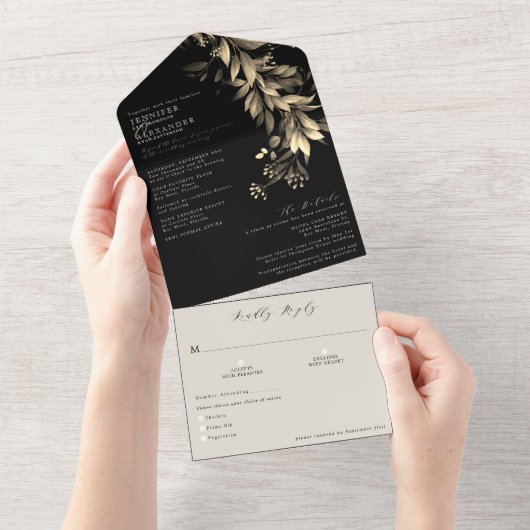Eenvoudig Moody Greenery Black & Beige Wedding All In One Uitnodiging (Afscheurbaar)