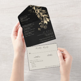 Eenvoudig Moody Greenery Black & Beige Wedding All In One Uitnodiging