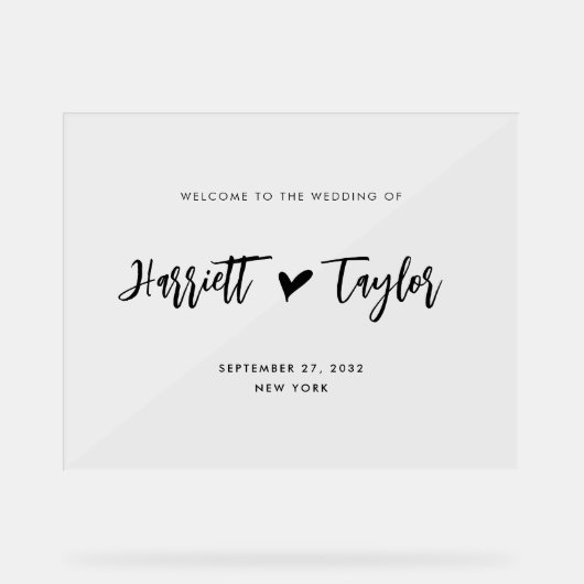 Eenvoudig mooi hart script bruiloft welkom teken acryl bord (Voorkant)