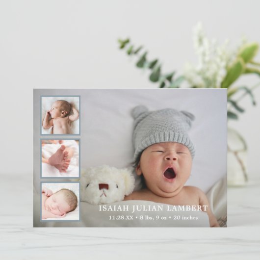 Eenvoudig mosterd Blue Photo Collage Boy Birth Aankondiging (Staand voorkant)