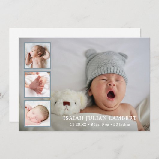 Eenvoudig mosterd Blue Photo Collage Boy Birth Aankondiging (Voorkant / Achterkant)