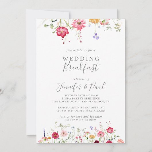 Eenvoudig Multicolor Wildflower bruiloft ontbijt Kaart (Voorkant)