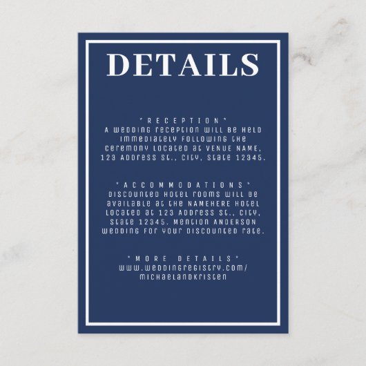 Eenvoudig nautisch blauw wit grens bruiloft informatiekaartje (Voorkant)
