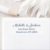 Eenvoudig Navy Blue Script Clear Text White Weddin Etiket (Insitu)