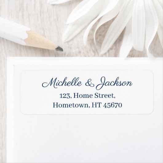 Eenvoudig Navy Blue Script Clear Text White Weddin Etiket (Insitu)