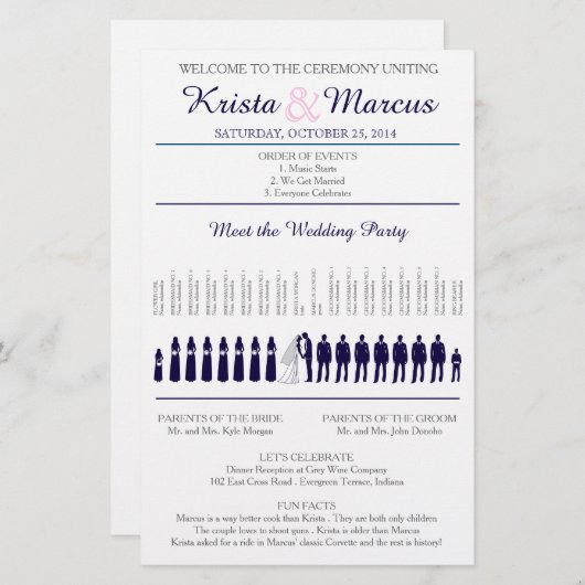 Eenvoudig 'Navy'- en 'Blush Wedding'-programma Sil (Voorkant / Achterkant)