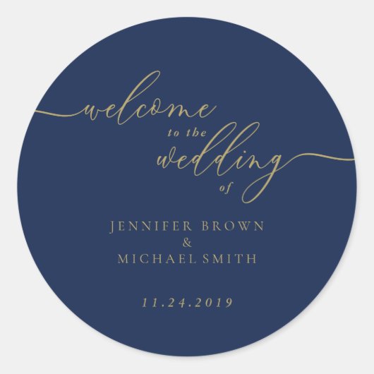 Eenvoudig Navy Goud Welkom op de Bruiloft Ronde Sticker (Voorkant)