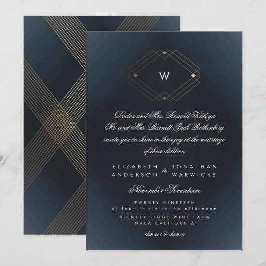 Eenvoudig 'Navy Modern Monogram Script Gold' Kaart (Voorkant / Achterkant)