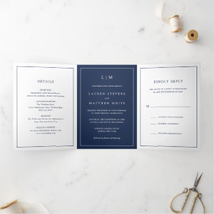 Eenvoudig Navyblauw Monogram Elegante Trouwdag Drieluik Uitnodiging