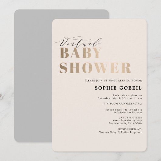 Eenvoudig neutraal Taupe & Gold VIRTUEEL Baby show Kaart (Voorkant / Achterkant)