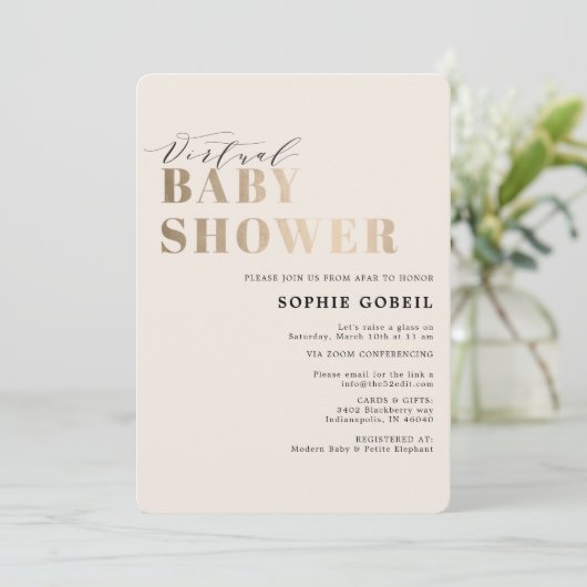 Eenvoudig neutraal Taupe & Gold VIRTUEEL Baby show Kaart (Staand voorkant)