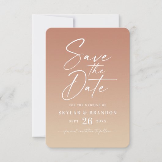Eenvoudig ombre gradiënt Terracotta & Geel huwelij Save The Date (Voorkant)