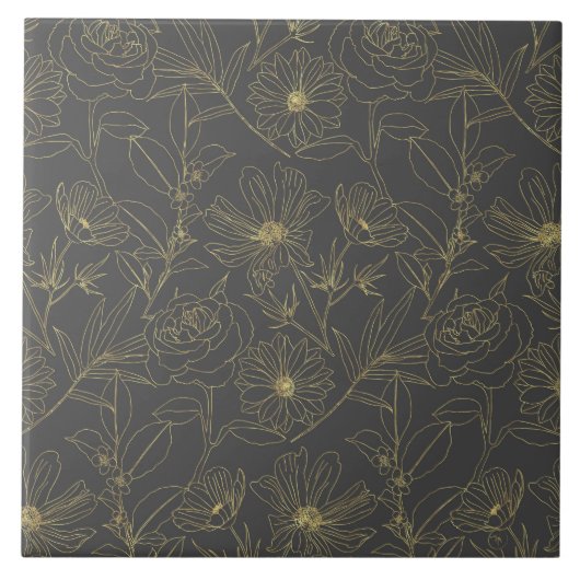 Eenvoudig ontwerp van tuinbloemen gouden contouren tegeltje (Voorkant)