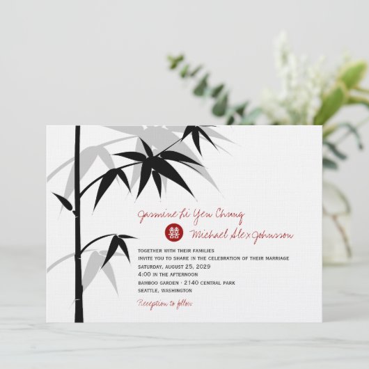 Eenvoudig oosterse Bamboevormende Chinese bruiloft Kaart (Staand voorkant)