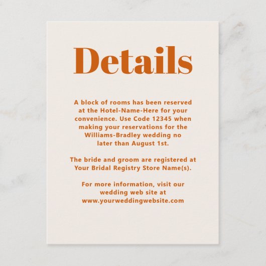 Eenvoudig Oranje modern minimalistisch huwelijk Informatiekaartje (Voorkant)