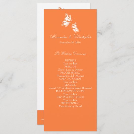 Eenvoudig Oranje weddenschapsprogramma Butterflies Programmakaart (Voorkant / Achterkant)
