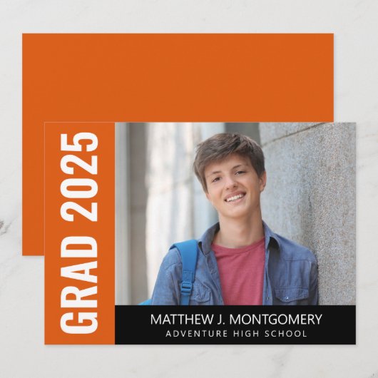 Eenvoudig Oranje zwart-witscript foto Afstuderen Aankondiging (Voorkant / Achterkant)