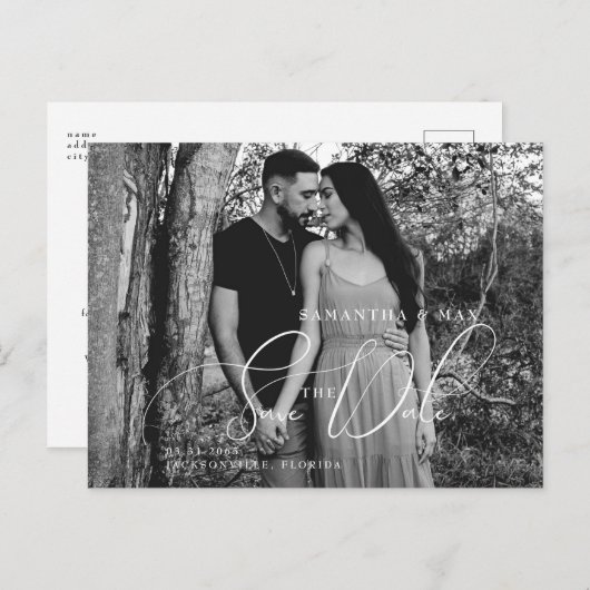 Eenvoudig paar twee B/W-foto legant sparen de datu Aankondigingskaart (Voorkant / Achterkant)