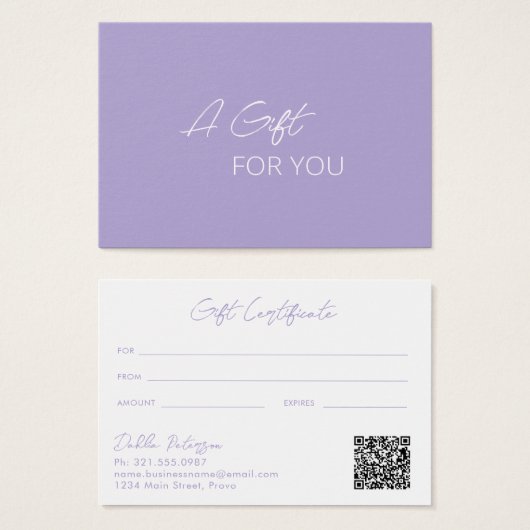 Eenvoudig Paars Elegant modern Cadeaucertificaat Visitekaartje (Voorkant /achterkant)