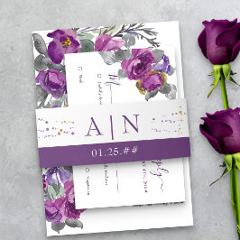 Eenvoudig Paars en gouden Confetti Monogram Wedden Uitnodigingen Wikkel