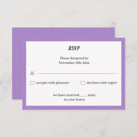 Eenvoudig Paars huwelijk RSVP Kaartje (Voorkant / Achterkant)
