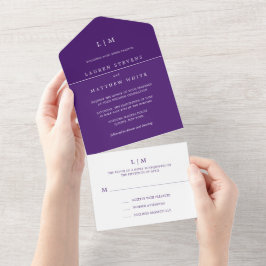 Eenvoudig Paars Monogram Elegante Trouw All In One Uitnodiging