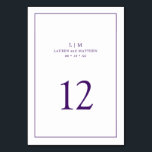 Eenvoudig Paars Monogram Elegante Trouwdag Kaart<br><div class="desc">Eenvoudig tafelnummer voor een bruiloft met een elegant en tijdloos ontwerp met uw tweeletterige monogram, namen, datum en tafelnummer omgeven door een dunne rand. Alle ontwerpelementen zijn koninklijk paars op een witte achtergrond en kunnen in de ontwerpbewerkingstool naar elke gewenste kleur worden gewijzigd. Een schoon en klassiek ontwerp, perfect voor...</div>