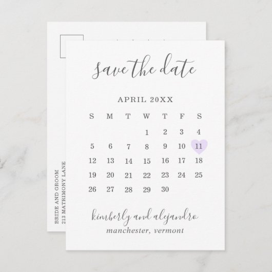 Eenvoudig Paarse kalenderpasta-ingang Opslaan datu Aankondigingskaart (Voorkant / Achterkant)