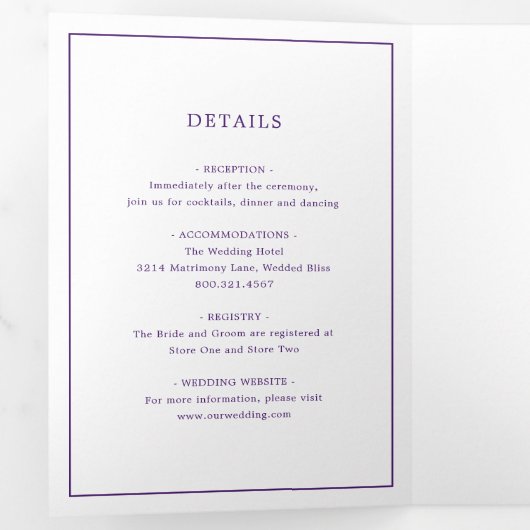 Eenvoudig Paarse Monogram Elegante bruiloft Drieluik Uitnodiging (Binnenzijde eerst)