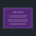 Eenvoudig Paarse Monogram Elegante bruiloft Informatiekaartje<br><div class="desc">Eenvoudige trouwbehuizingskaart met een modern, maar elegant ontwerp met uw details omringd door een dunne rand. Al tekst is wit over een paarse achtergrond. De doopvonten en de achtergrondkleuren kunnen in om het even welke kleuren worden veranderd u door de knoop "aan te passen" te klikken. Een stijlvol en stijlvol...</div>