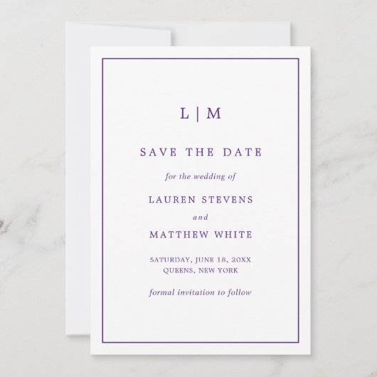 Eenvoudig Paarse Monogram Elegante bruiloft Save The Date (Voorkant)